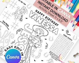 Toy Story Jessie Activity Sheet: Editable Birthday Party Game (Canva Template, Printable Digital Download
