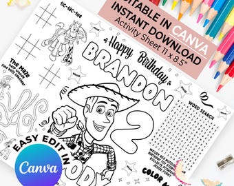 Toy Story Woody Activity Sheet: Editable Birthday Party Game (Canva Template, Digital Download