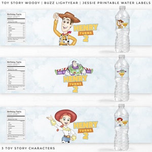 May include: Three printable water bottle labels featuring Toy Story characters Woody, Buzz Lightyear, and Jessie. Each label has a blue background with a cartoon image of the character and the text "HENRY TURNS 2".