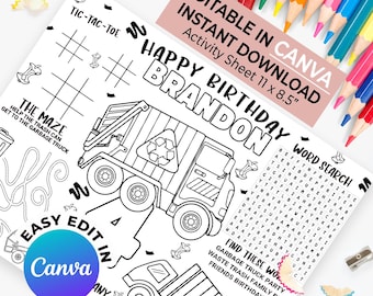 May include: Black and white activity sheet with a garbage truck illustration, tic-tac-toe, a maze, and a word search. Text includes "Happy Birthday Brandon", "Editable in Canva", and "Instant Download Activity Sheet 11 x 8.5". Colored pencils are in the background.