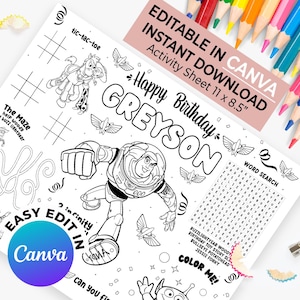 May include: Black and white printable activity sheet with the text "Happy Birthday Greyson". Includes a maze, word search, tic-tac-toe, and coloring areas featuring Buzz Lightyear and other Toy Story characters. The sheet is 11 x 8.5 inches.