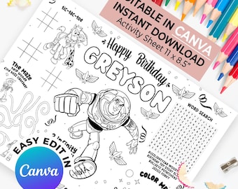 Buzz Lightyear Birthday Activity Sheet: Toy Story Party Game (Editable Canva Template, Digital Download