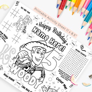 Peut inclure: Une feuille d'activit&eacute;s imprimable en noir et blanc mettant en sc&egrave;ne Woody de Toy Story. La feuille comprend une recherche de mots, un labyrinthe, un jeu de tic-tac-toe et une page &agrave; colorier. La feuille mesure 28 cm sur 21,5 cm.