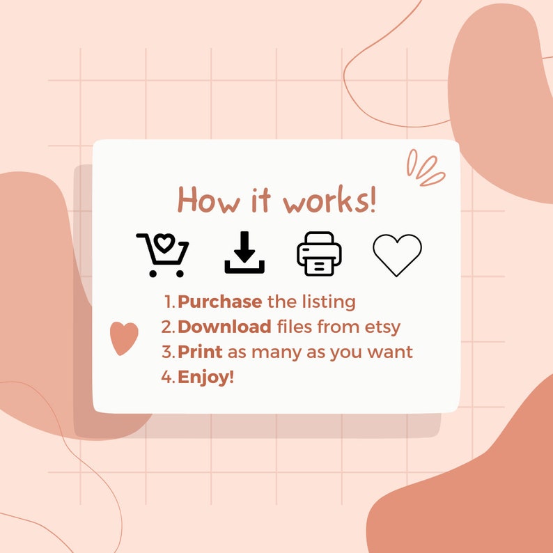 May include: A pink and white grid background with a white rectangle containing instructions on how to purchase and download printable files. The text reads "How it works!" with icons for a shopping cart, download, printer, and heart. The instructions are: "1. Purchase the listing 2. Download files from etsy 3. Print as many as you want 4. Enjoy!"