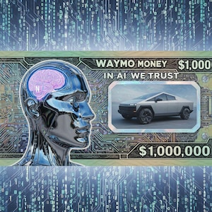 Puede incluir: Un billete Waymo Money de diseño digital con una cabeza de robot cromada con un cerebro gráfico, un coche futurista y el texto "IN AI WE TRUST". El billete vale $1.000.000.