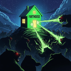 以下が含まれることがあります： 夜の丘の上に「FARTHOUSE」と書かれた緑色の家を描いたイラスト。赤い目を光らせたクマたちが、家に向かって緑色の光線を放っています。暗い青色の空に雲が浮かび、ユーモラスでシュールなシーンを作り出しています。