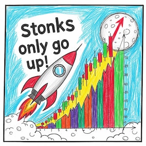 Könnte beinhalten: Bunte Illustration mit einer Rakete, die zum Mond startet, begleitet von einem steigenden Aktienchart. Der Text "Stonks only go up!" ist prominent dargestellt und deutet auf eine positive Finanzprognose hin.