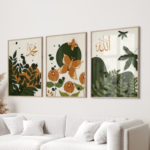 Herbst Wandkunst, Islamische Kunst Poster, 3er Set Allah Muhammed, Herbst Wandkunst, Orange Blatt, Über Bettwand, Raumdekor, Orange Abstrakt, D15