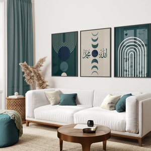 Islamic Wall Art, Set of 3 Premium Boho Green Zikr Prints, Allah And Muhammad, Arabic Posters, Art Deco, Muslim Home, Islamic Frame, D7