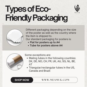 May include: An informational graphic titled "Types of Eco-Friendly Packaging" with text and illustrations. It details packaging options for posters, including flat packaging for sizes up to A4 and tubes for larger posters. Exceptions are listed for various countries.