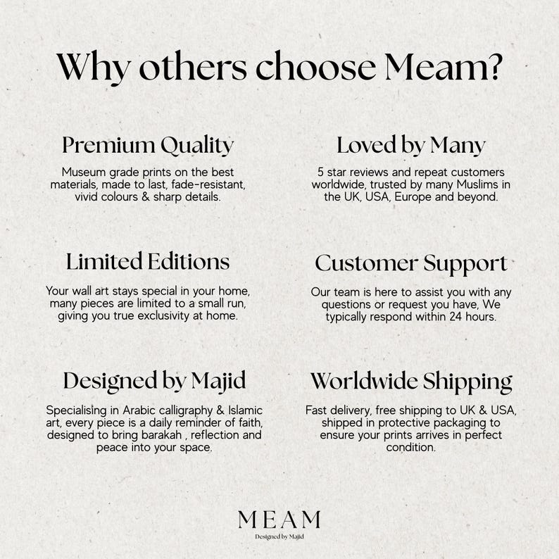 May include: A beige graphic with the text "Why others choose Meam?" and descriptions of the brand's premium quality, limited editions, customer support, and worldwide shipping. The text also mentions the brand is designed by Majid.