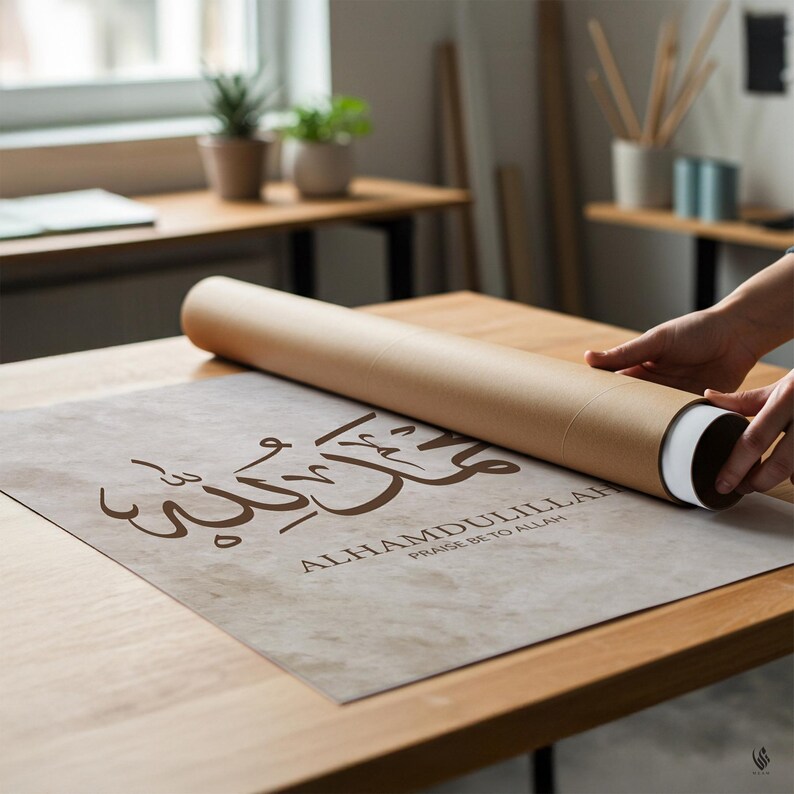 May include: A rolled-up poster with Arabic calligraphy and the English text "ALHAMDULILLAH PRAISE BE TO ALLAH" in brown ink. The poster is on a light brown surface, with a brown cardboard tube next to it. The background includes a wooden table and plants.