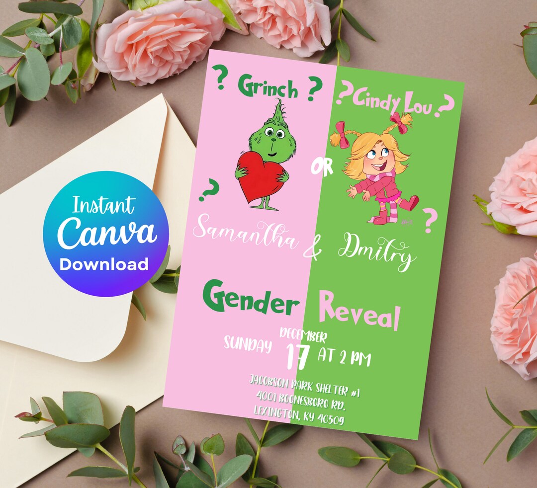 Grinch Christmas Gender Reveal Invitation Whoville Baby Etsy