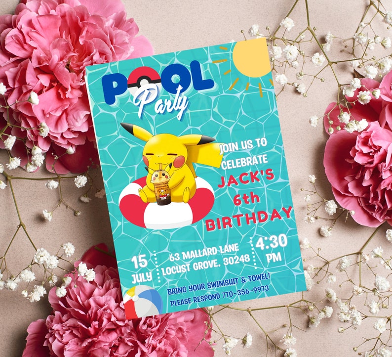 Pikachu Pool Party Birthday Invitation Pokemon Pikachu - Etsy