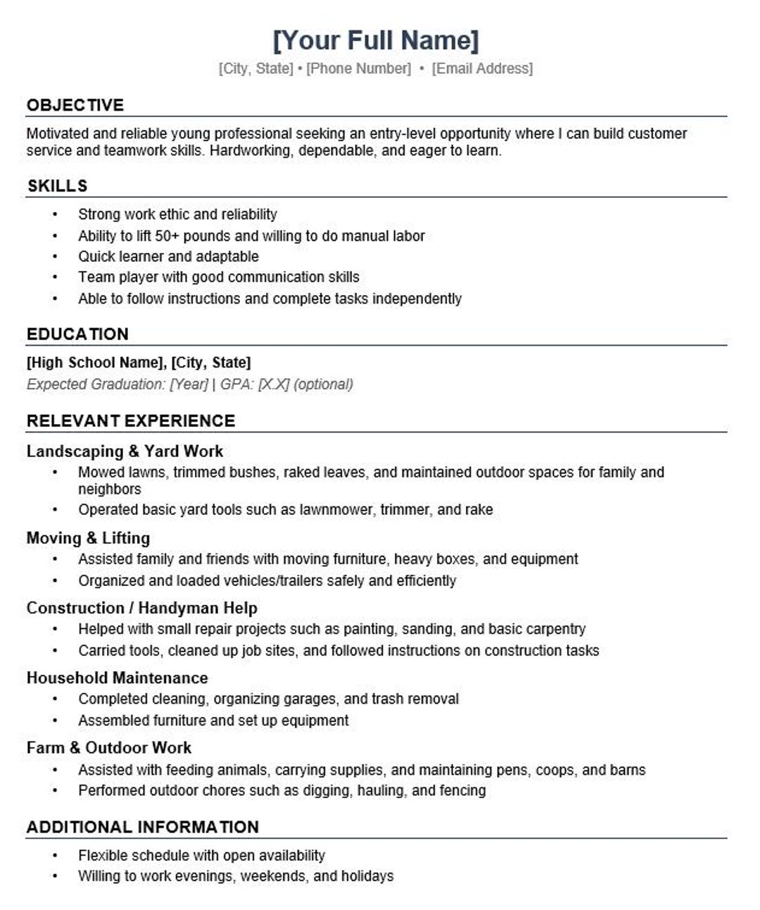 Entry Level Resume Template | First Job, No Experience (word File) Teen ...