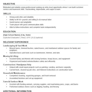 May include: A resume template with the heading "Your Full Name" and sections for objective, skills, education, relevant experience, and additional information. The resume lists skills like teamwork and experience in landscaping and handyman work.