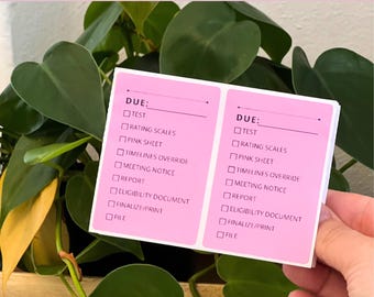 May include: Two pink checklist labels with the word "DUE:" and a list of items to check off. The items include "Test", "Rating Scales", "Pink Sheet", "Timelines Override", "Meeting Notice", "Report", "Eligibility Document", "Finalize/Print", and "File".