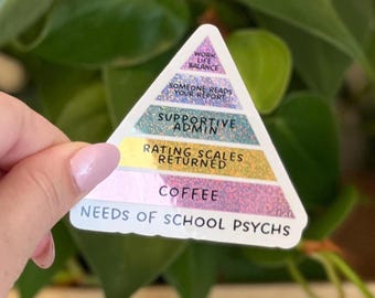 May include: A triangular sticker with a glittery finish, depicting a pyramid of needs for school psychologists. The base of the pyramid reads "Needs of School Psychologists" and the levels are "Coffee", "Rating Scales Returned", "Supportive Admin", "Someone Reads Your Report", and "Work Life Balance".