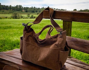 Handmade Corduroy Tote Bag, Multi-Pocket Casual Backpack
