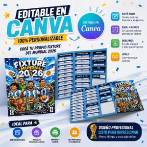 May include: A digital template for a 2026 World Cup fixture, designed in blue and white, with the text "Fixture Mundial 2026 Argentina." The design is editable in Canva and includes icons for entrepreneurs, personalized gifts, and printing.