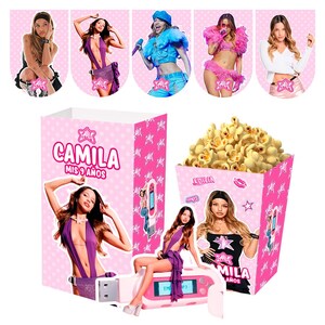 Puede incluir: Caja de palomitas de maíz rosa y blanca con una imagen de una niña en la parte delantera. La caja dice "Camila Mis 9 Años" y tiene un diseño de estrella.