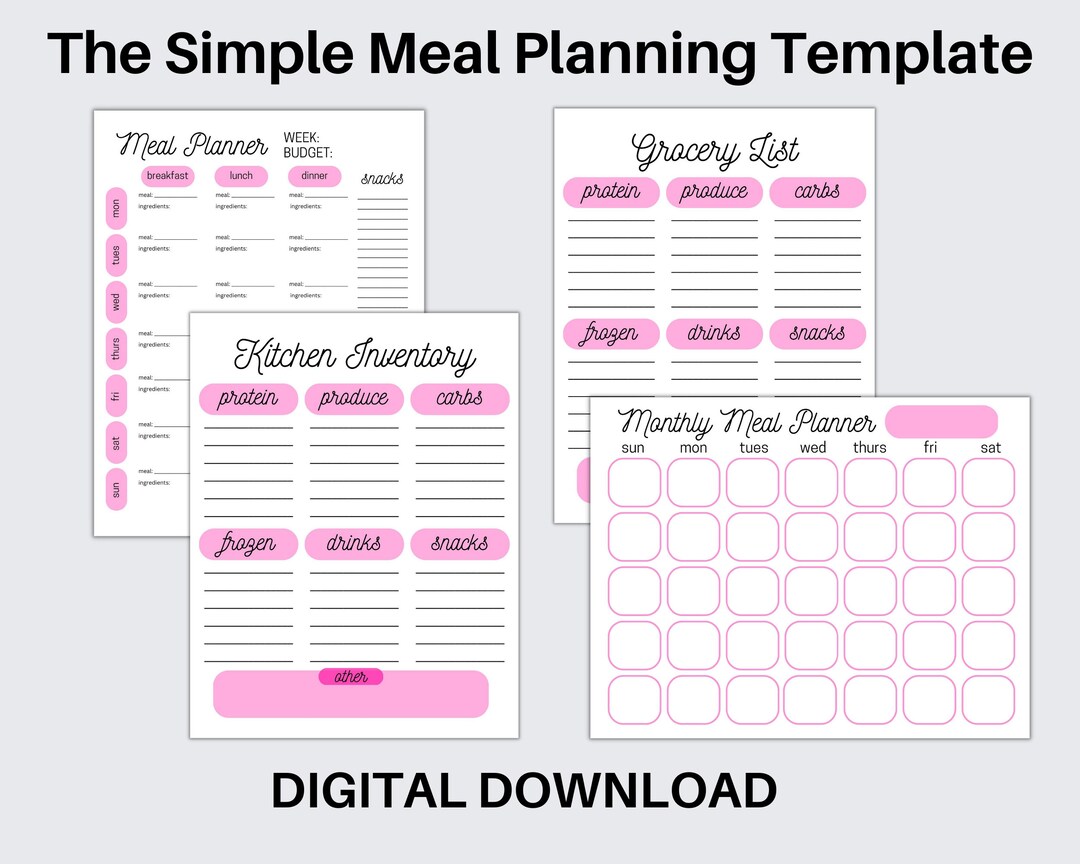 Meal Plan Template Digital Grocery List Weekly Meal Planning Daily Food ...