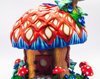 Red Mushroom Fairy House, Child's Night Light, Fairy Decor, Fairy House Collectors Item, Handmade Nightlight, Original Lighted Fairy House