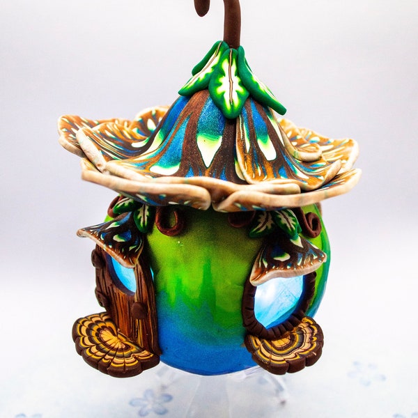 Handmade Little Fairy House, Night Light for Baby or Toddler Green and Blue Fairy House, Fairy Home with Mini Lights, Polymer Clay House