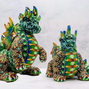 Handcrafted Fairy Green Dragon Both Large & Small, One of a Kind Dragon Made From Polymer Clay,