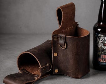 Funda de cuero para cerveza, cinturón portabotellas de cuero de grano completo