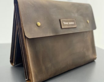 Cartera de cuero cosida a mano tamaño A4: funda para portátil de 13 pulgadas
