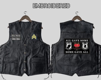 Gilet en cuir brodé vétéran personnalisé-Gilet en cuir brodé-Gilet homme veste-Cadeau pour lui, jour du souvenir, jour des anciens combattants