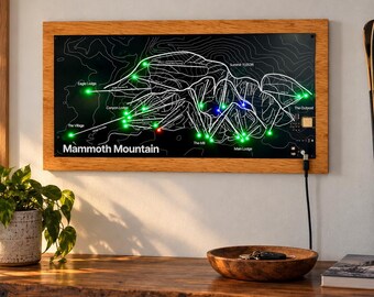 Mapa interativo de pistas de esqui Mammoth Mountain com painel LED para indicar o status dos teleféricos | 19x9 | Conexão Wi-Fi | Suporte de madeira opcional