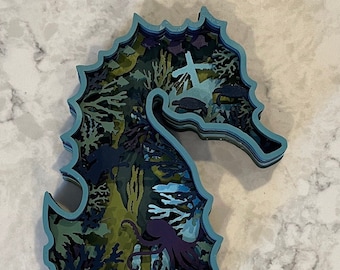 Seahorse Wood Mandala Wall Art, 7 Layer Stained Ocean Sea Sculpture, Coastal Beach House Nautical Decor, Marine Life Housewarming Gift