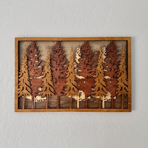 Wind Whistles in the Trees 16”x10” Mountain & Forest Wood Mandala—Multi-Layered Handcrafted Wall Art, Rustic Cabin Decor
