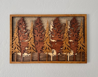 Mountain Forest Wood Mandala Wall Art, Multi Layer Stained Pine Tree Sculpture, 16x10 Rustic Cabin Lodge Decor, Woodland Housewarming Gift