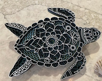 Sea Turtle Wood Mandala Wall Art, Hand Painted Layered Ocean Sculpture, Coastal Beach House Nautical Decor, Marine Life Housewarming Gift