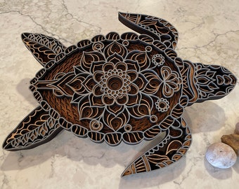 Sea Turtle Wood Mandala Wall Art, 6 Layer Stained Laser Cut Sculpture, Coastal Beach House Nautical Decor, Marine Life Housewarming Gift