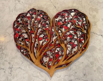 Tree of Love Heart Wood Mandala Wall Art, Layered Stained Wood Heart Sculpture, Anniversary Wedding Gift, Romantic Couples Valentines Decor