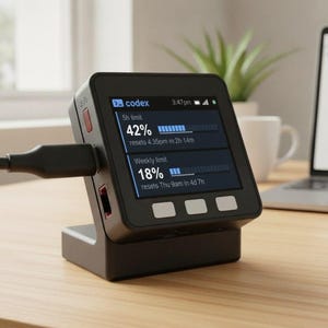 Può includere: Un dispositivo elettronico quadrato nero con uno schermo digitale che mostra 'codex', un limite di 5 ore al 42% e un limite settimanale al 18%. Il dispositivo è montato su un supporto nero, collegato da un cavo nero e presenta tre pulsanti bianchi.