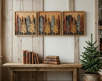 3 Piece Mountain Mandala Wood Wall Art, Rustic Cabin Decor, Layered Forest Tree Triptych, Woodland Nature Wall Hanging, Housewarming Gift