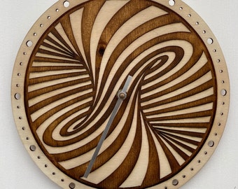Wood Wall Clock 11 Inch, Mesmerizing Swirl Spiral Engraved Wood Modern Clock, Unique Geometric Decor, Housewarming Anniversary Gift