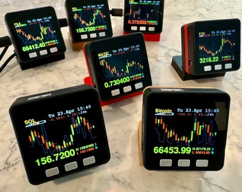 Crypto Coin Candlestick Price Display - Desk Gadget Ticker – Black Wood & Red – Battery Choices - Coin Pairs: ETH + BTC + DOGE + Matic + Xrp