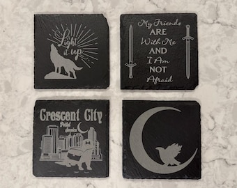Crescent City Slate Coasters, ACOTAR Sarah J Maas Inspired Laser Engraved Stone Drinkware, Fantasy Book Lover Gift, Bookish Home Decor Set