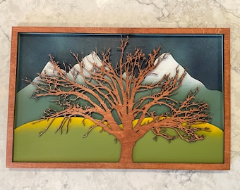 Tree of Life Wood Wall Art, 16x10 Multi Layered Mountain Landscape Sculpture, Stained Wood Nature Scene Decor, Housewarming Anniversary Gift