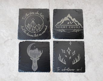 ACOTAR Slate Coaster Set, A Court of Thorns and Roses Sarah J Maas Inspired Pick 4, Fantasy Book Lover Gift, Bookish Drinkware Fandom Gift