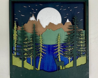 Deer Mountain Lake Wood Wall Art, 7 Layer Painted Wood Mandala Sculpture, Moonlit Forest Cabin Decor, Hand Painted Nature Art, Hunters Gift