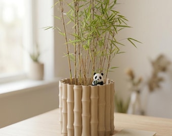 The Zen Set: Rare Candy Cane Bamboo Live Plant - Real Wood 3D Printed Bamboo Planter - Colorful Panda - Himalayacalamus falconeri 'Damarapa'