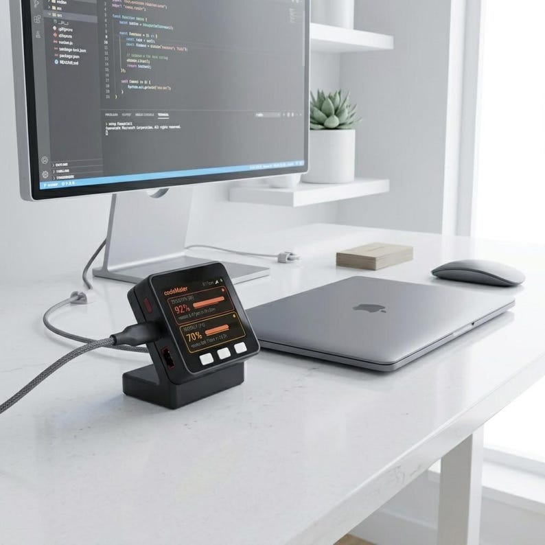 K&ouml;nnte beinhalten: Ein schwarzes Ger&auml;t mit einem Bildschirm, der Daten anzeigt, verbunden mit einem Computermonitor und einem Laptop. Das Ger&auml;t befindet sich auf einem wei&szlig;en Schreibtisch mit einer Maus, einer kleinen Sukkulente und einem Holzblock. Der Bildschirm zeigt Prozents&auml;tze an.