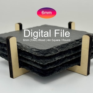 May include: A stack of dark grey slate coasters, each approximately 10 cm square, supported by light wood stands. The text "Digital File" is displayed, along with the dimensions and material.
